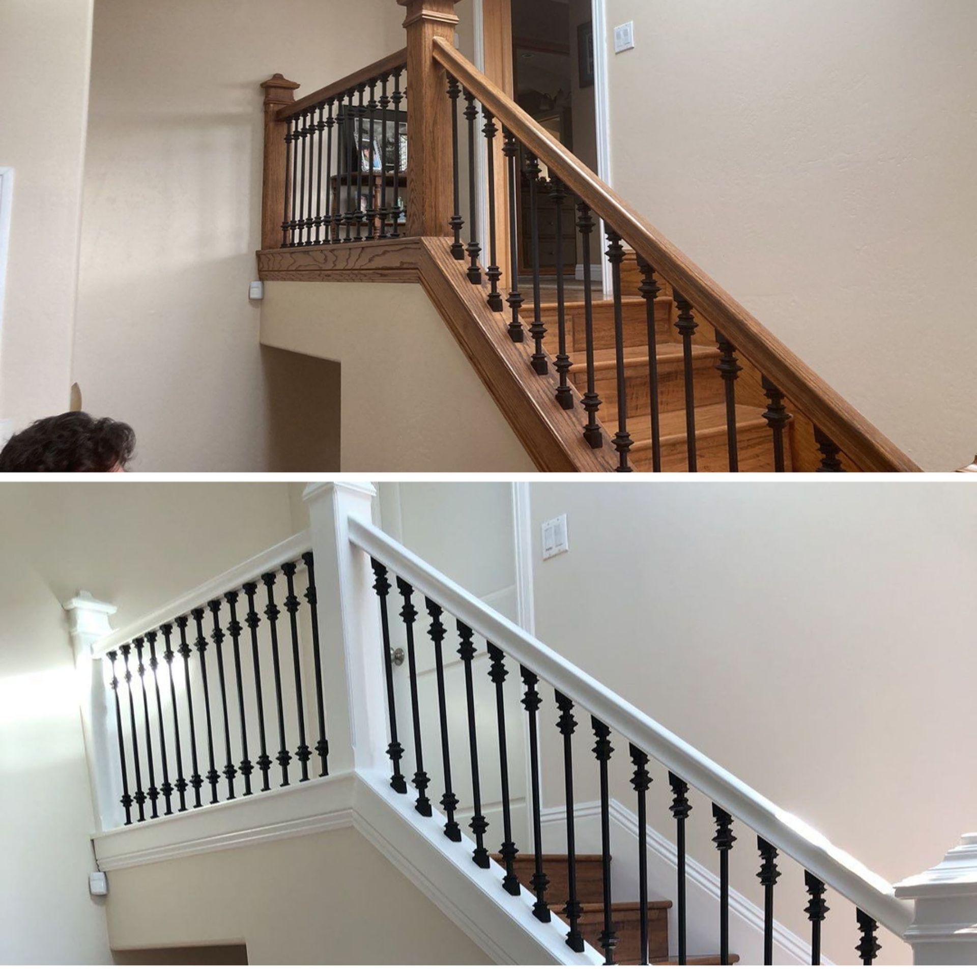 Top: wooden staircase with black spindles. Bottom: White staircase with black spindles.