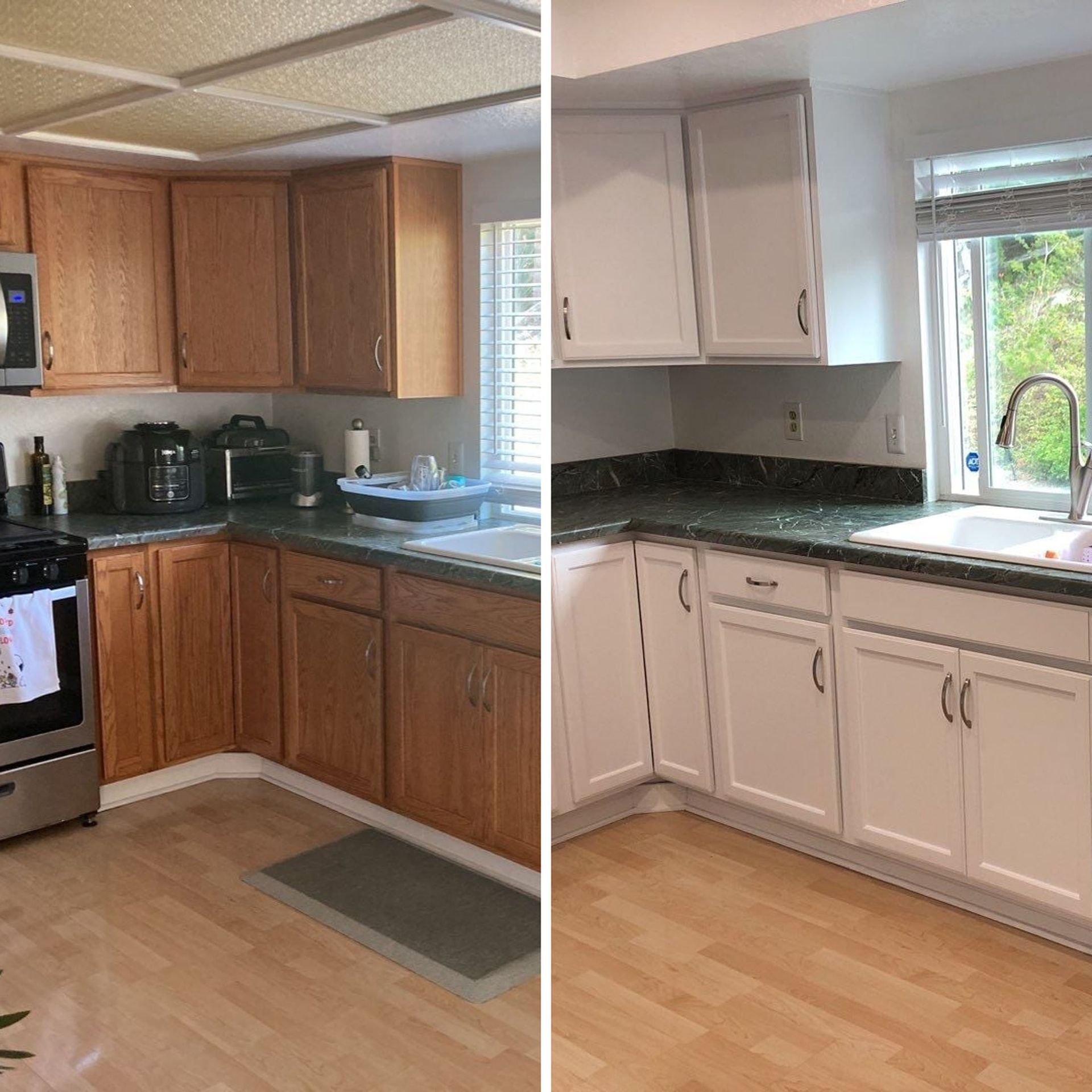 Before-and-after of a kitchen: Oak cabinets replaced with white cabinets. Dark countertops and light wood floors.