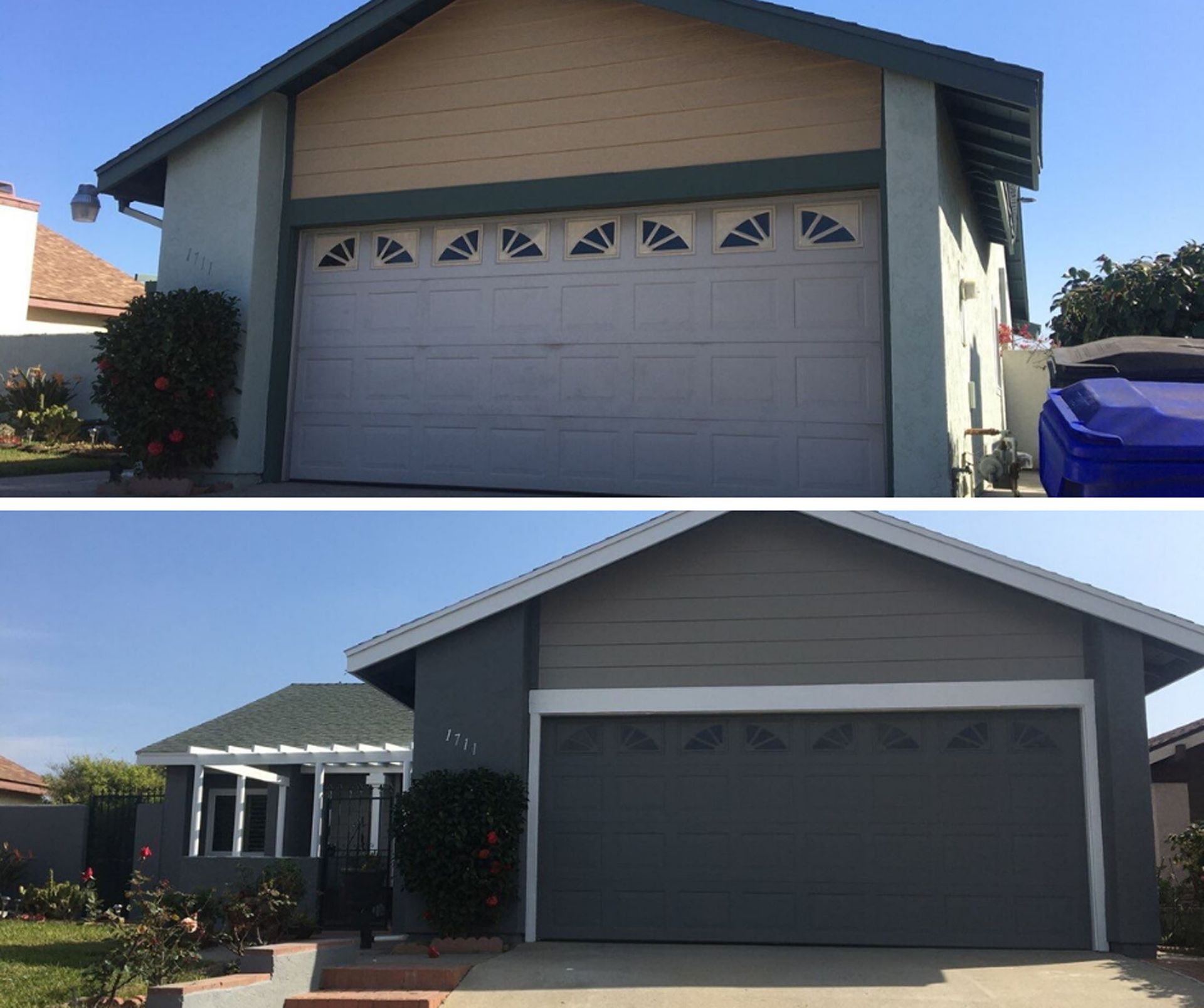 Before and after images of a house exterior. Top: beige and blue. Bottom: gray.