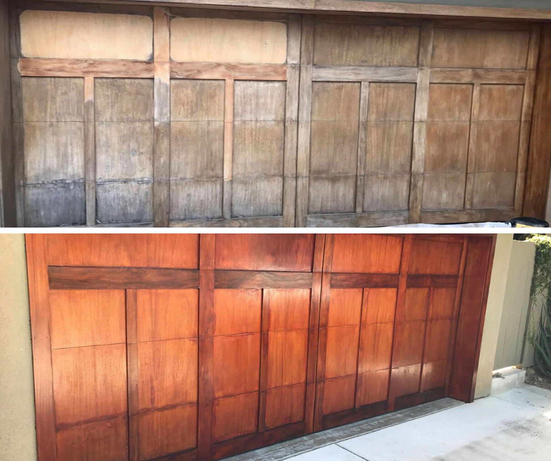 Before and after of a wooden garage door; top image shows faded wood, bottom image shows stained, glossy wood.