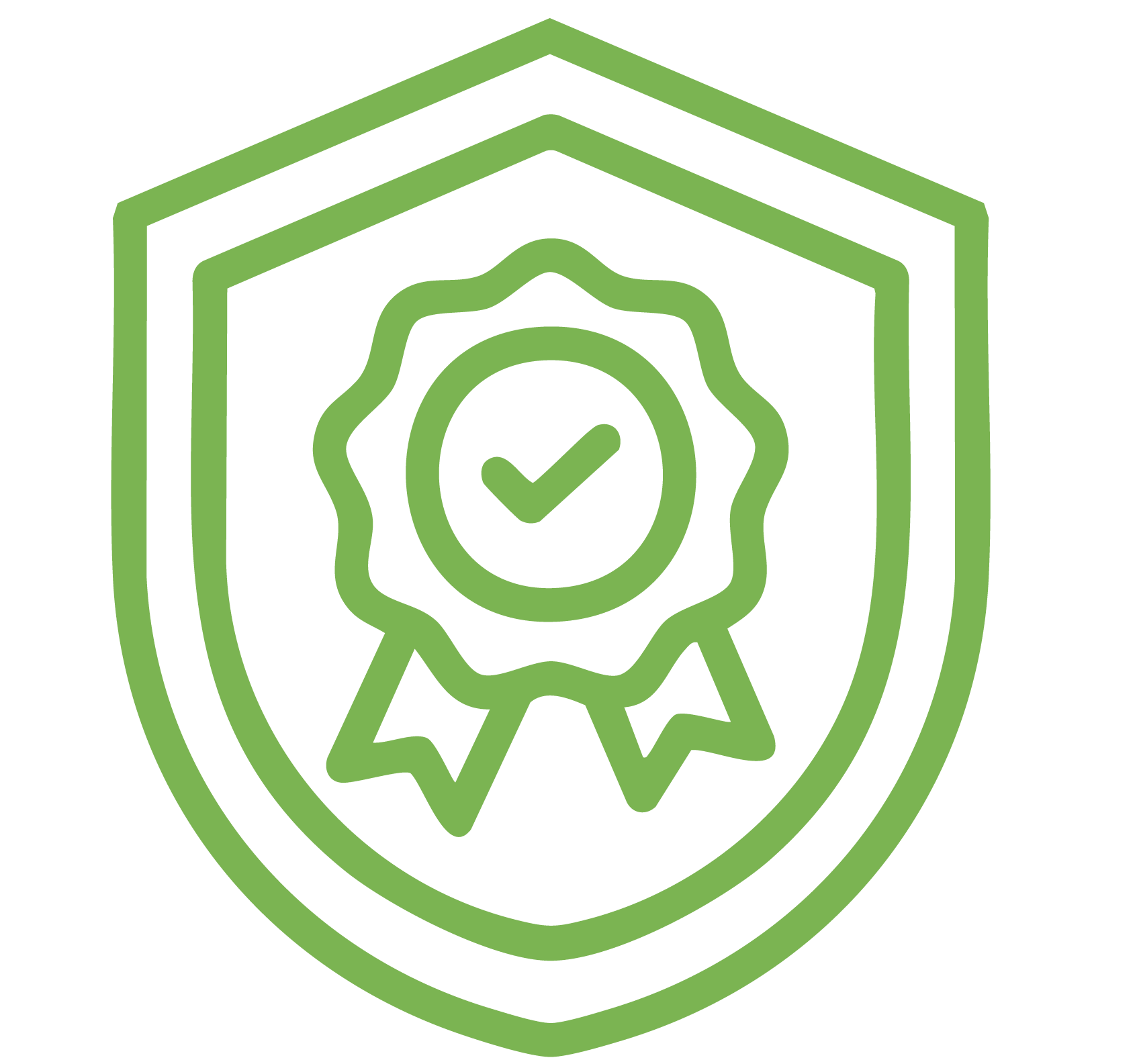 Green shield with a badge containing a check mark, symbolizing quality or guarantee.