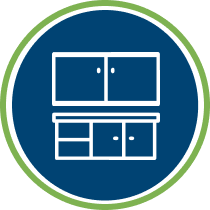 White line drawing of two-tiered cabinets within a blue circle, surrounded by a green border.