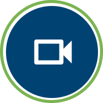Video camera icon in white on a blue circle with a green border.