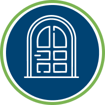 White outline of a door with an arched top, in a blue circle with a green border.