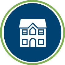 White house icon within a blue circle, surrounded by a green ring.