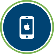 White smartphone with Apple logo on a blue circle within a green circle.