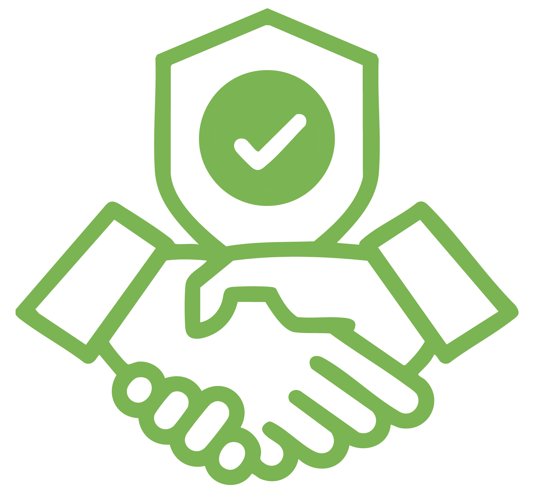 Green handshake with a shield and checkmark symbol, representing an agreement or deal.