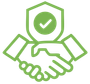 Green handshake with a shield and checkmark symbol, representing an agreement or deal.
