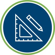 Blue circle with white outline of a ruler and pencil, with a green border.