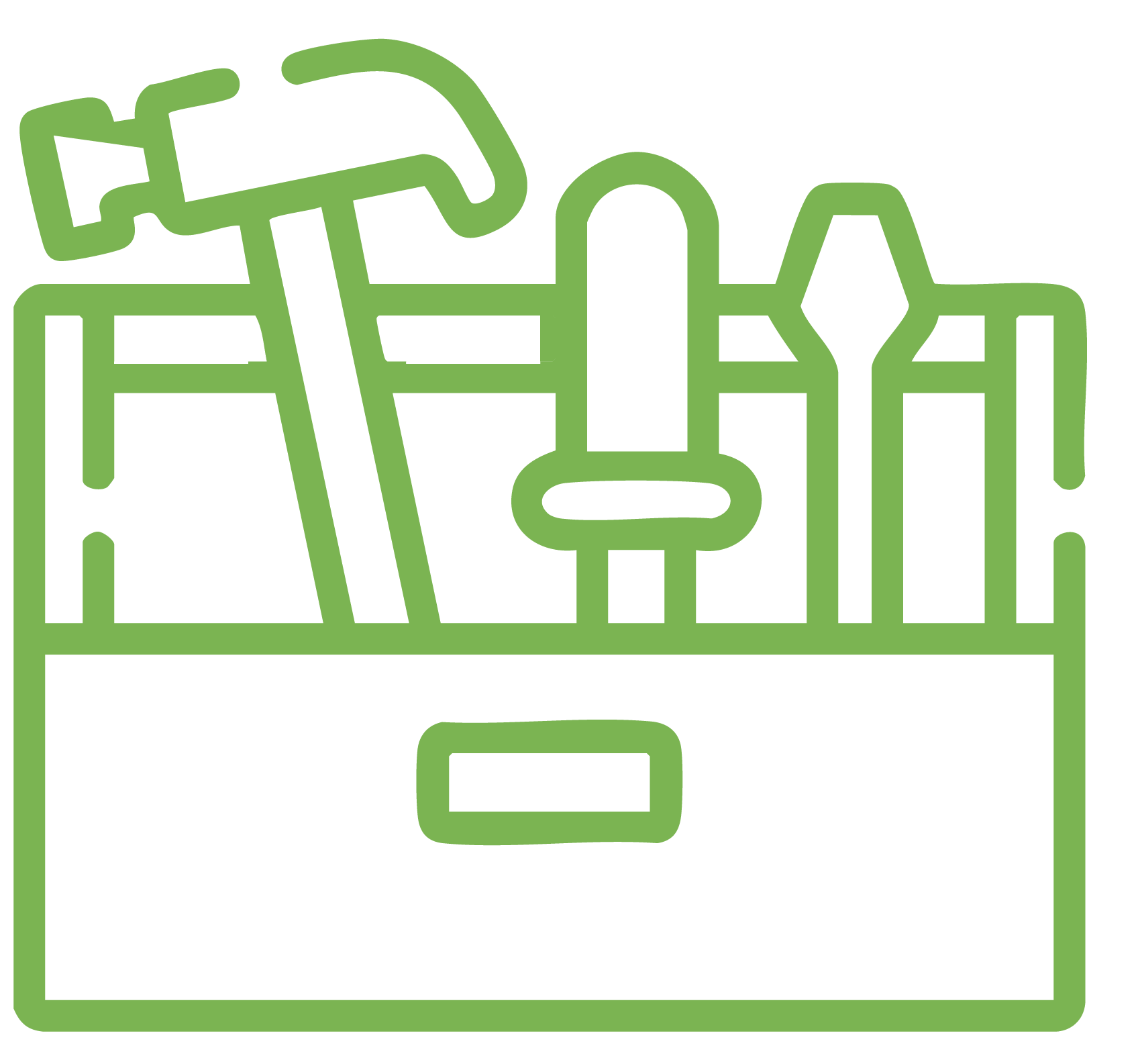Green line art of a toolbox with a hammer, screwdriver, and other tools.