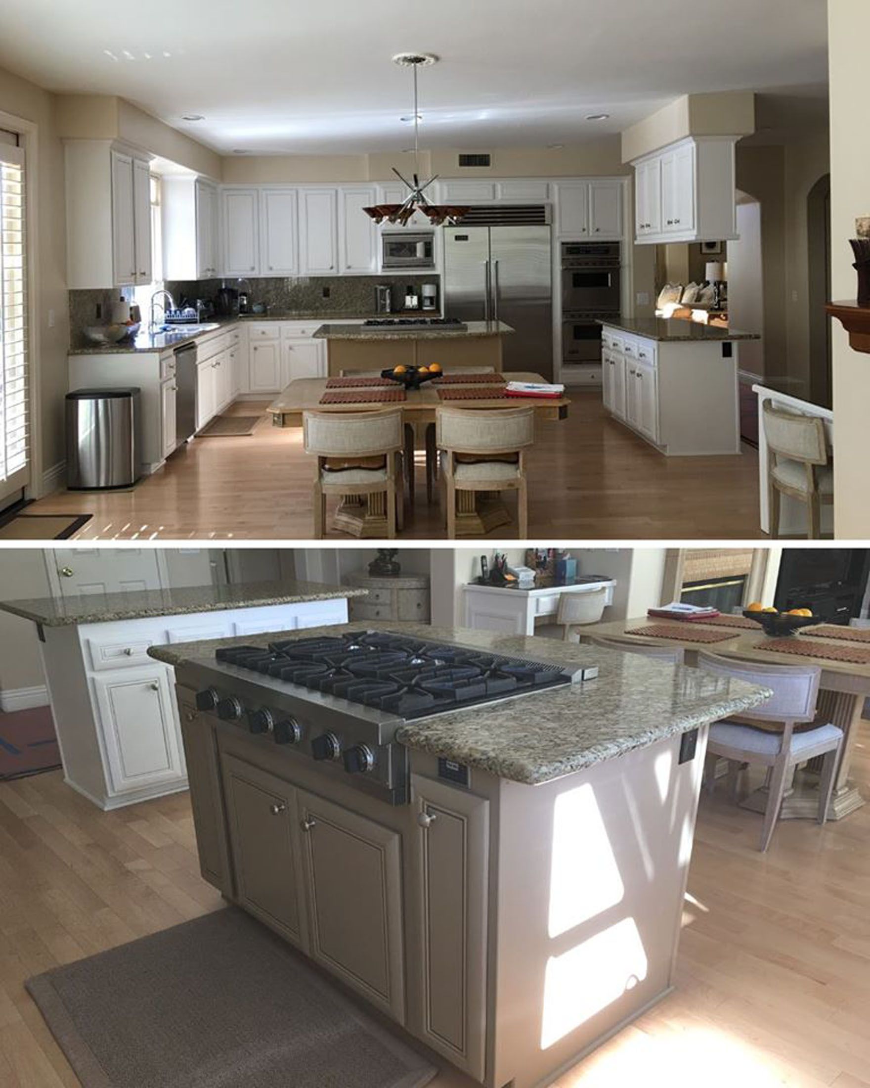 Two photos of a kitchen, including white cabinets, a large island with a cooktop, and hardwood floors.