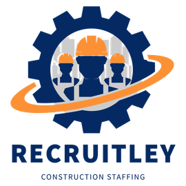 A logo for recruitley construction staffing with a gear and people wearing hard hats.
