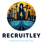 The logo for recruitley construction staffing shows a city skyline with a lightning bolt in the middle.
