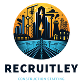 The logo for recruitley construction staffing shows a city skyline with a lightning bolt in the middle.