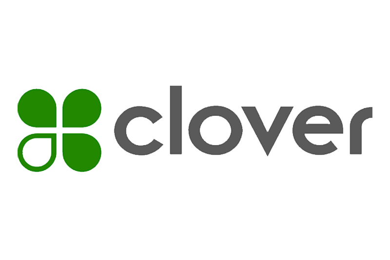 a logo for clover with a green clover in the middle