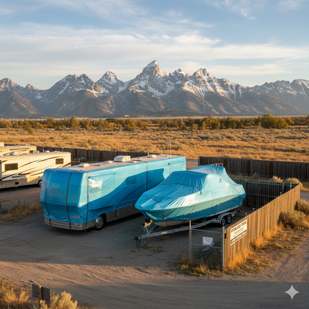 RV, boat on trailer, blue covers, fenced lot, mountain backdrop, golden hour.
