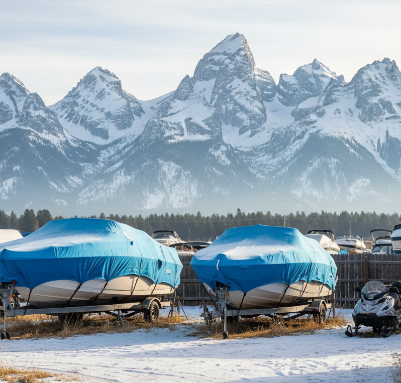 Two boats covered in blue tarps sit on trailers in the snow, with snowy mountains in the background.