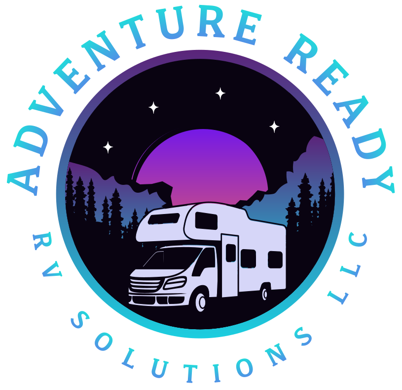 Logo: RV in front of purple sunset, mountains, stars, and "Adventure Ready RV Solutions LLC" in a circle.