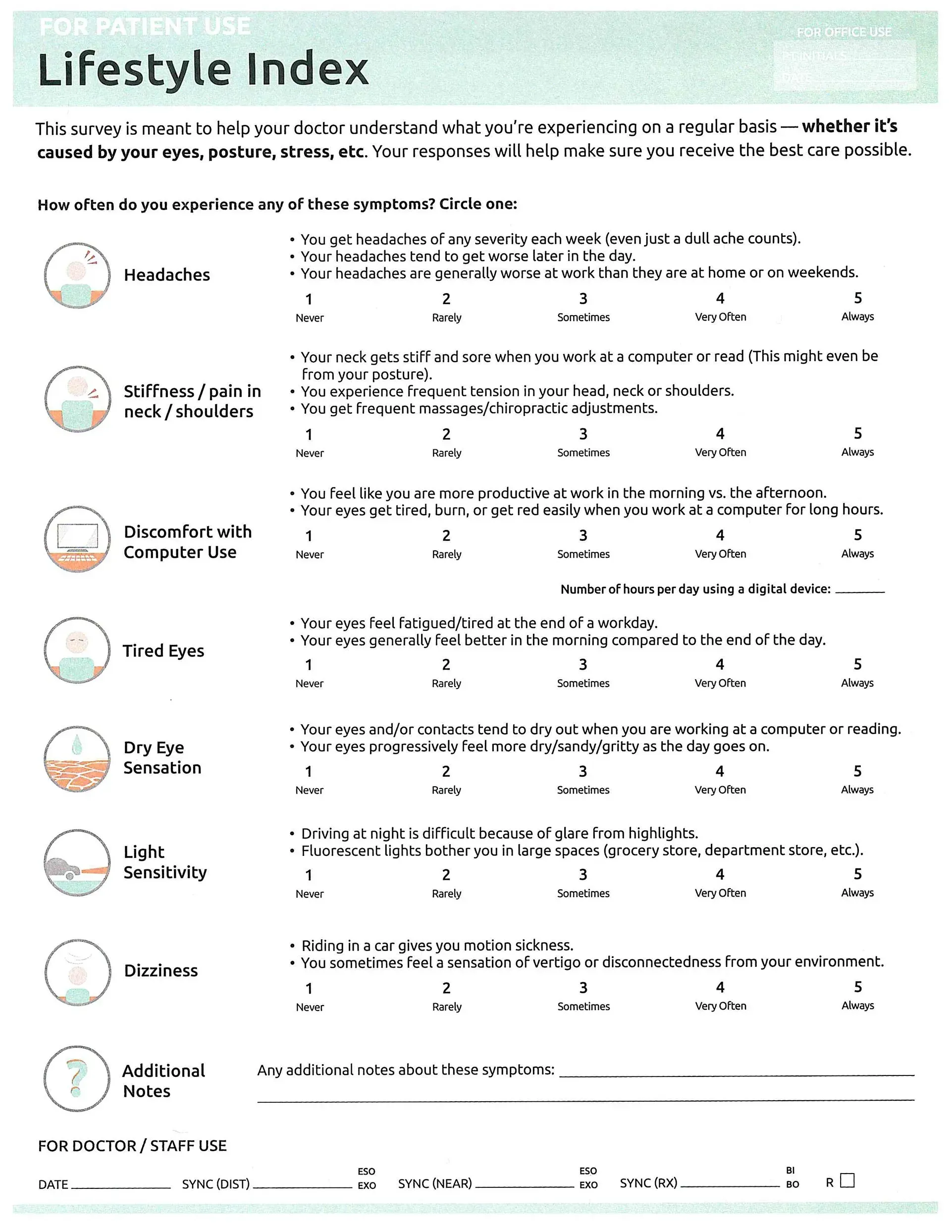 Lifestyle Index form featuring seven diagnostic questions with a five-point scale, and a section for doctor review.