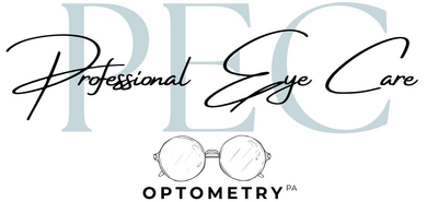 Logo for Professional Eye Care Optometry featuring the letters PEC, script text, and a line-art icon of round glasses.