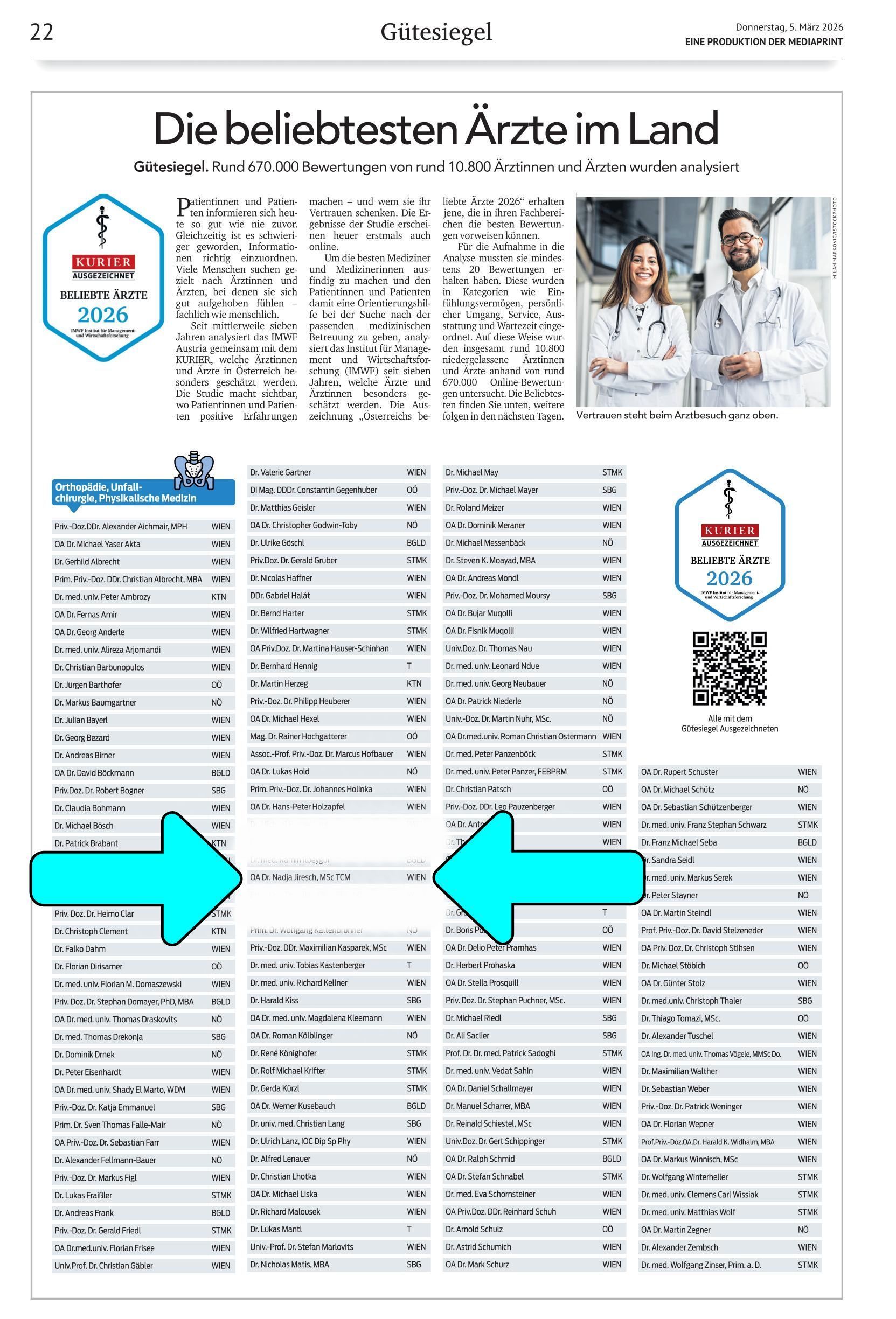 Österreichs beliebteste Ärzte 2025 - OÄ. Dr. Nadja Jiresch - Wirbelsäulen- & Skoliosezentrum Urban Spine - 1010 Wien