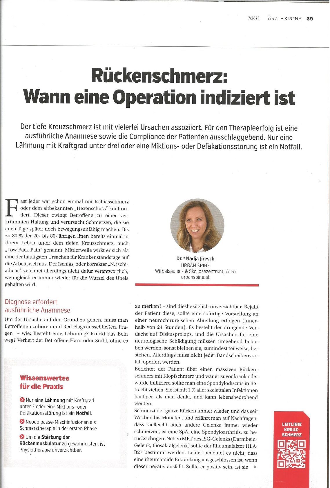 Ärztekrone - Rückenschmerzen - Experten Interview - effektive Behandlungsmethoden - Dr. Nadja Jiresch - 1010 Wien