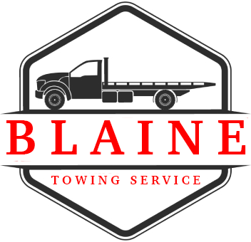The logo for blaine towing service shows a tow truck in a hexagon.