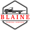 The logo for blaine towing service shows a tow truck in a hexagon.