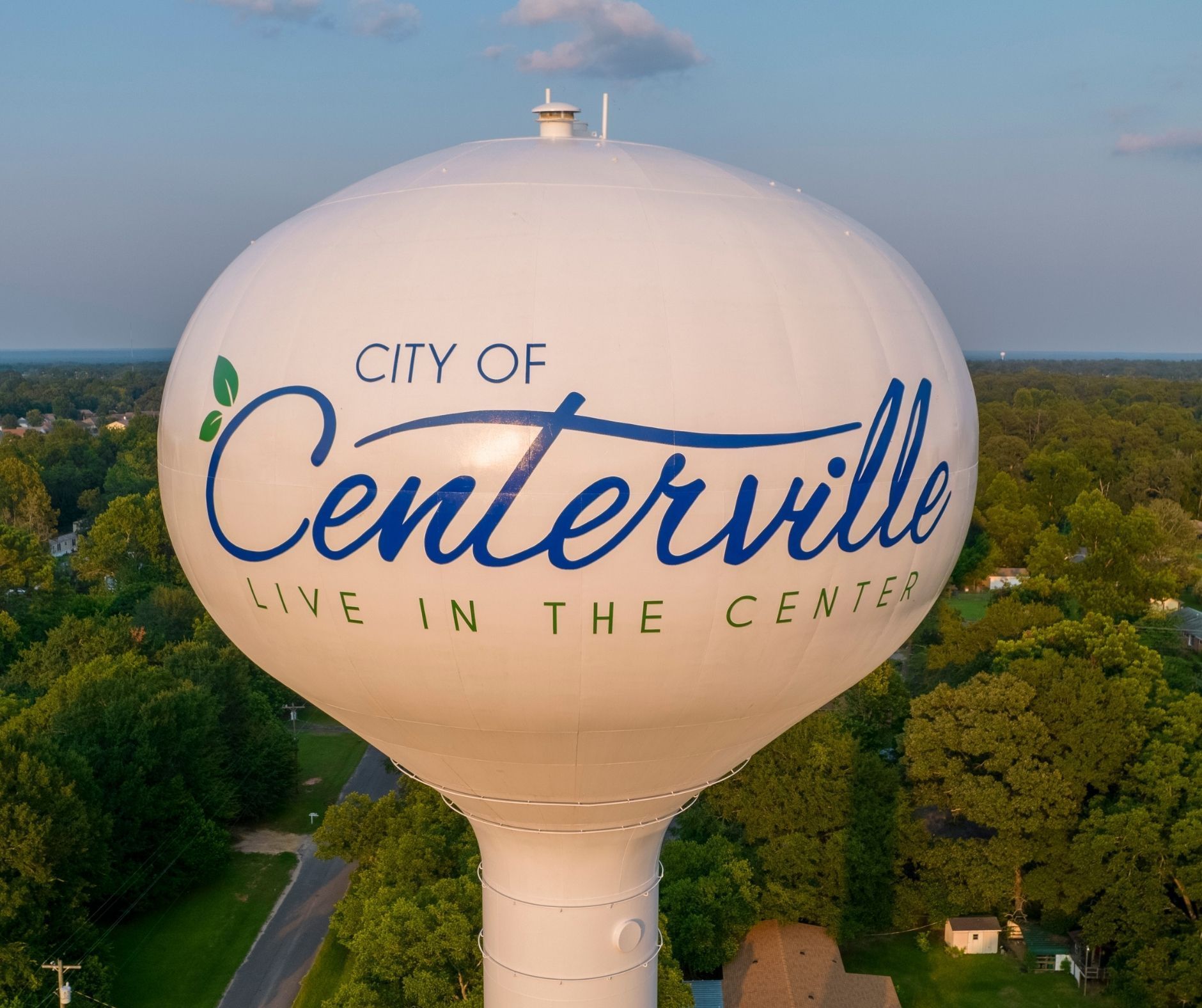 An aerial view of a water tower in the city of centerville