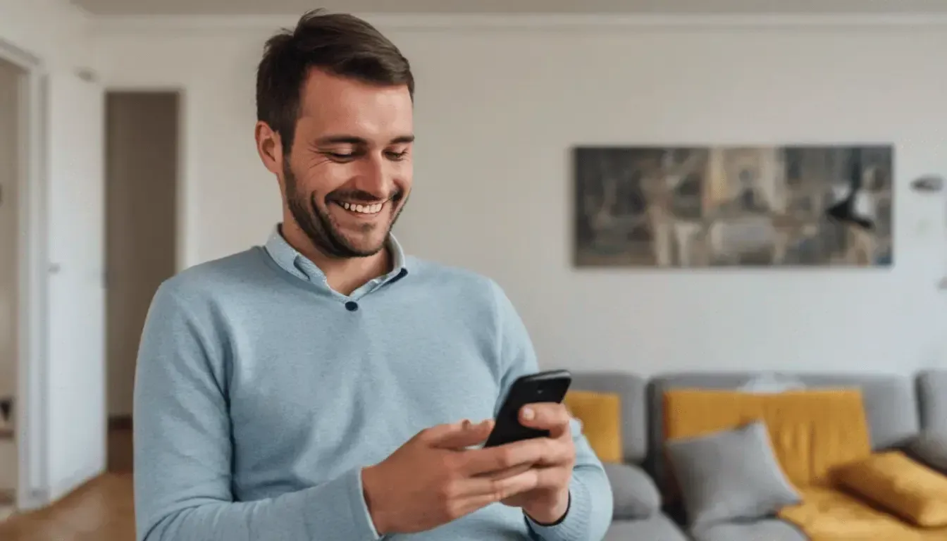 Jetzt Termin für eine persönliche Beratung vereinbaren! Junger Mann in seinem Wohnzimmer mit dem Handy