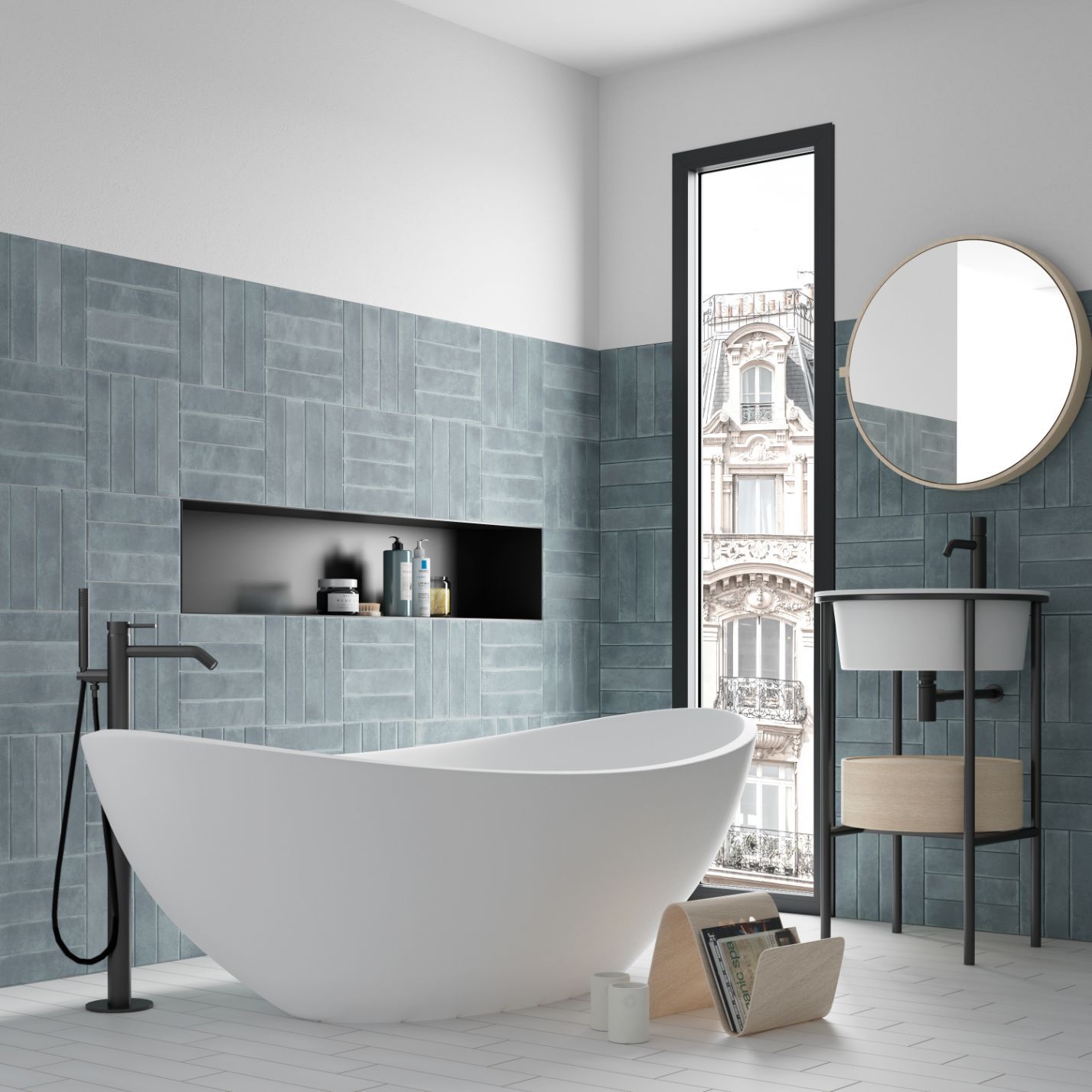 Modern Bathroom With Blue Wall Tiles— Hunter Valley Tile Mart in Rutherford, NSW