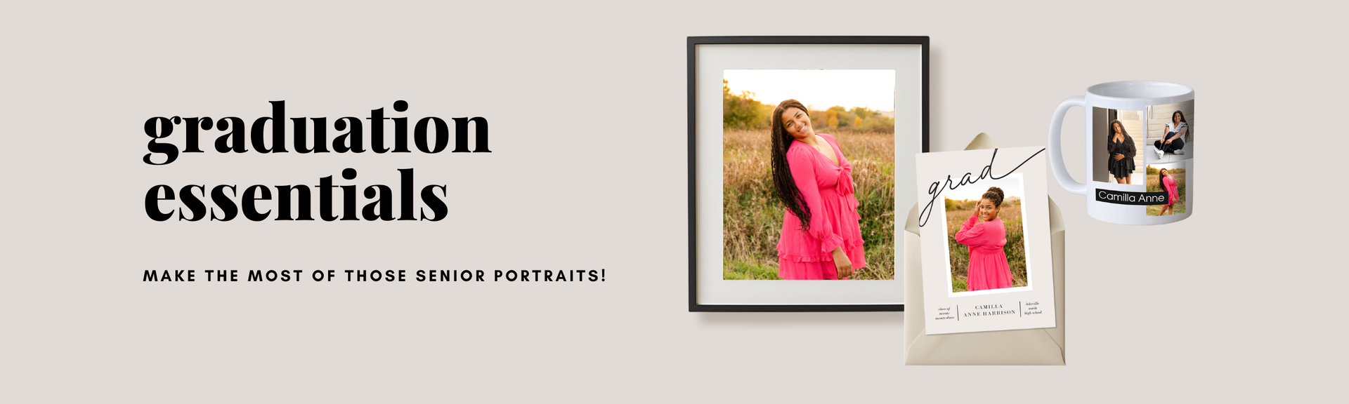 Graduation essentials banner with framed photos and custom graduation keepsakes on a beige background