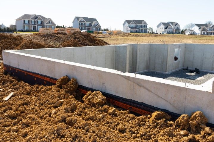 Concrete foundation for a house under construction. 
