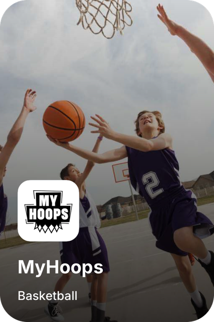 Basketball app icon showing players reaching for a hoop on a court, labeled “MyHoops”