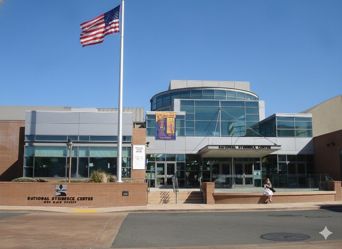 A red and black pagoda on a hilltop, surrounded by cherry blossoms.