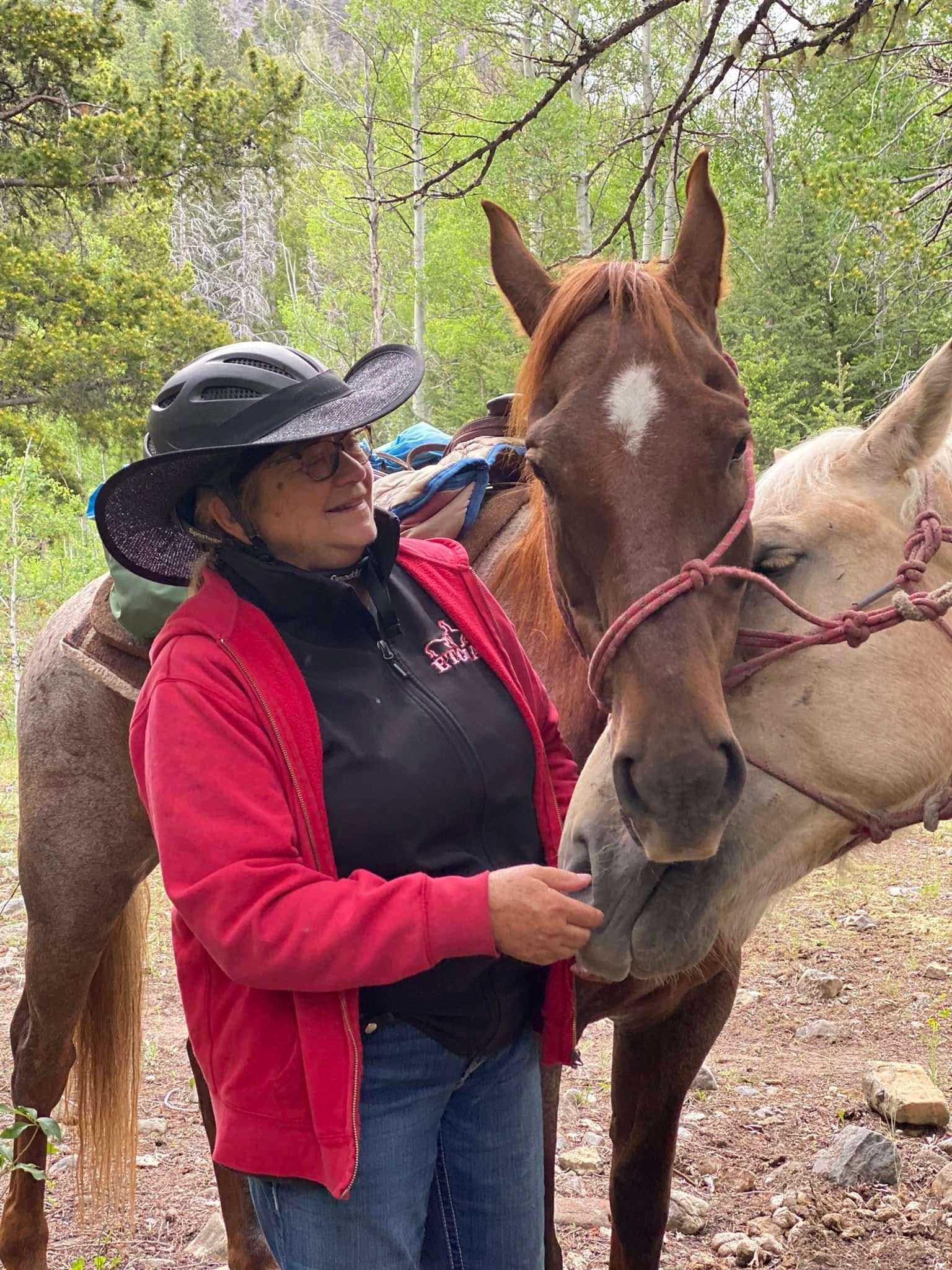 A woman in a cowboy hat is standing next to two horses.