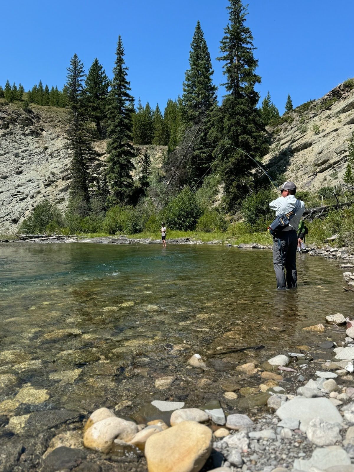 A man is fishing in a river with trees in the background.