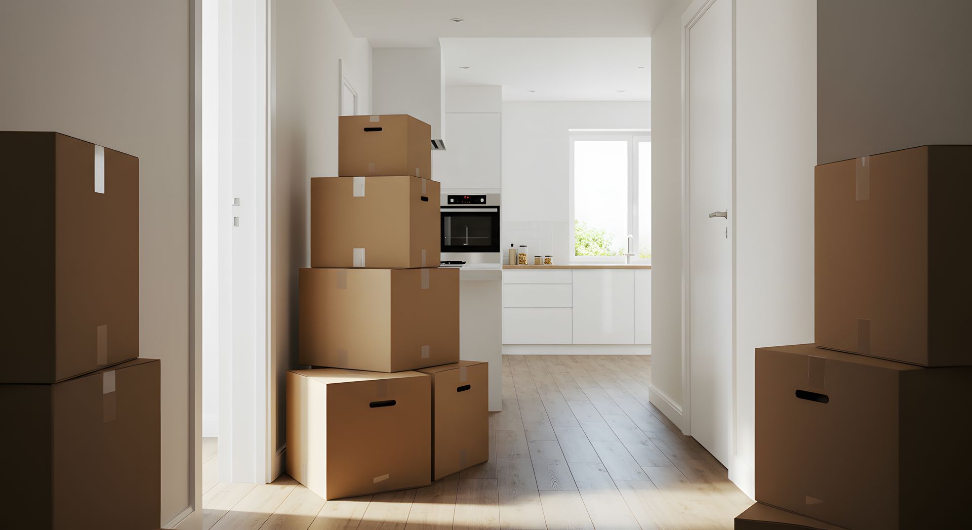 Empty apartment hallway with stacked cardboard moving boxes and bright kitchen in the background