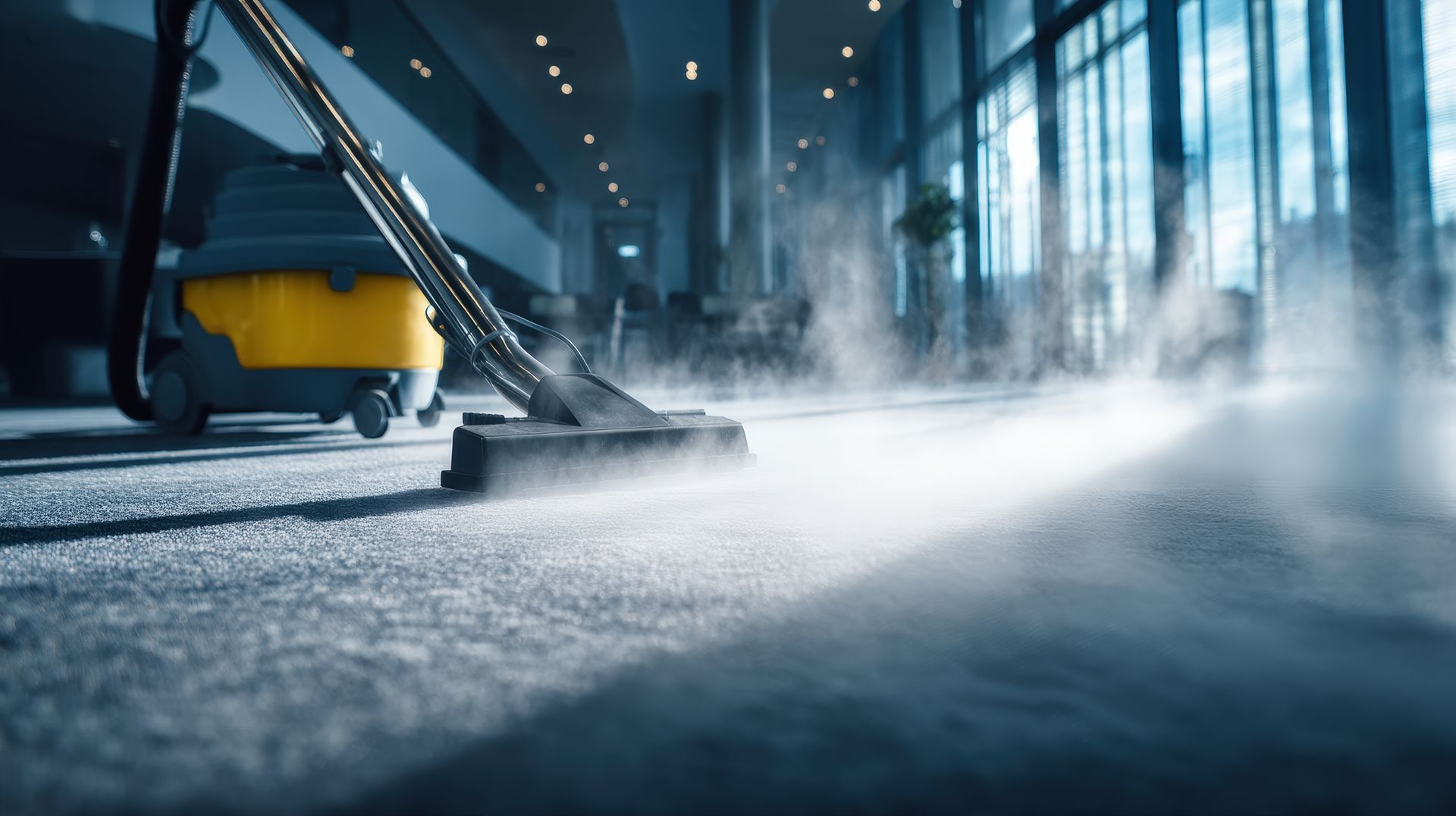 Floor-cleaning machine steaming a wet indoor industrial floor