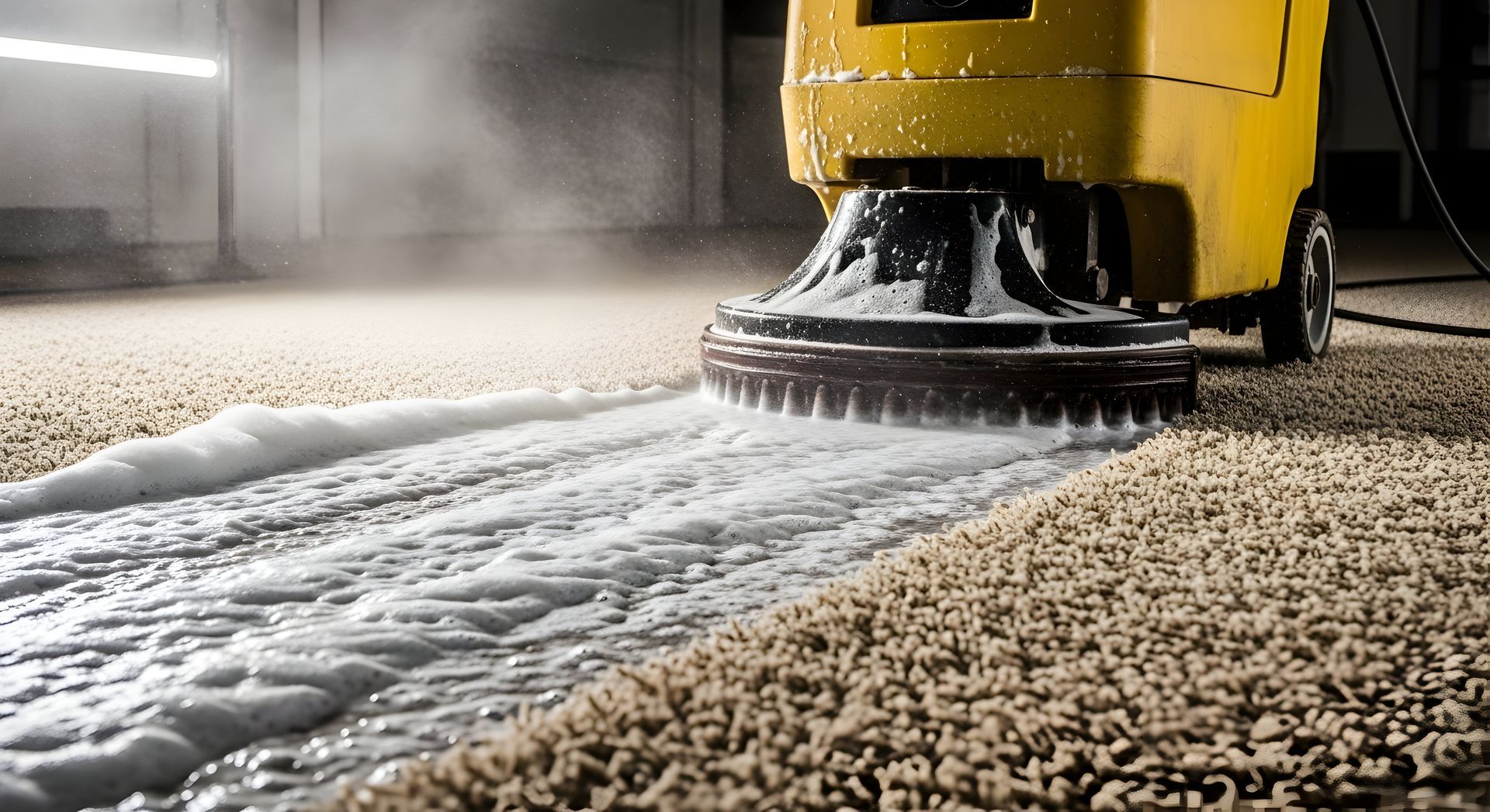 Yellow floor scrubber cleaning a foam-covered concrete floor in an indoor space