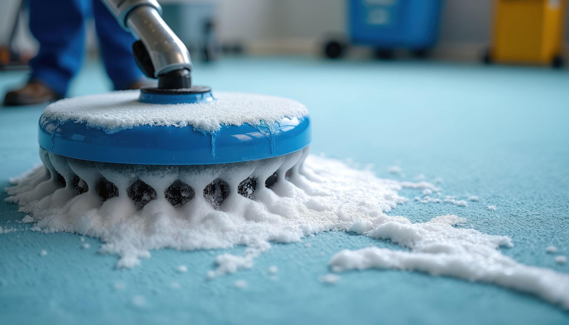 Blue floor scrubber cleaning a wet blue surface with white foam around it
