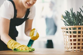 Person cleaning a wooden table with yellow gloves beside a potted plant.