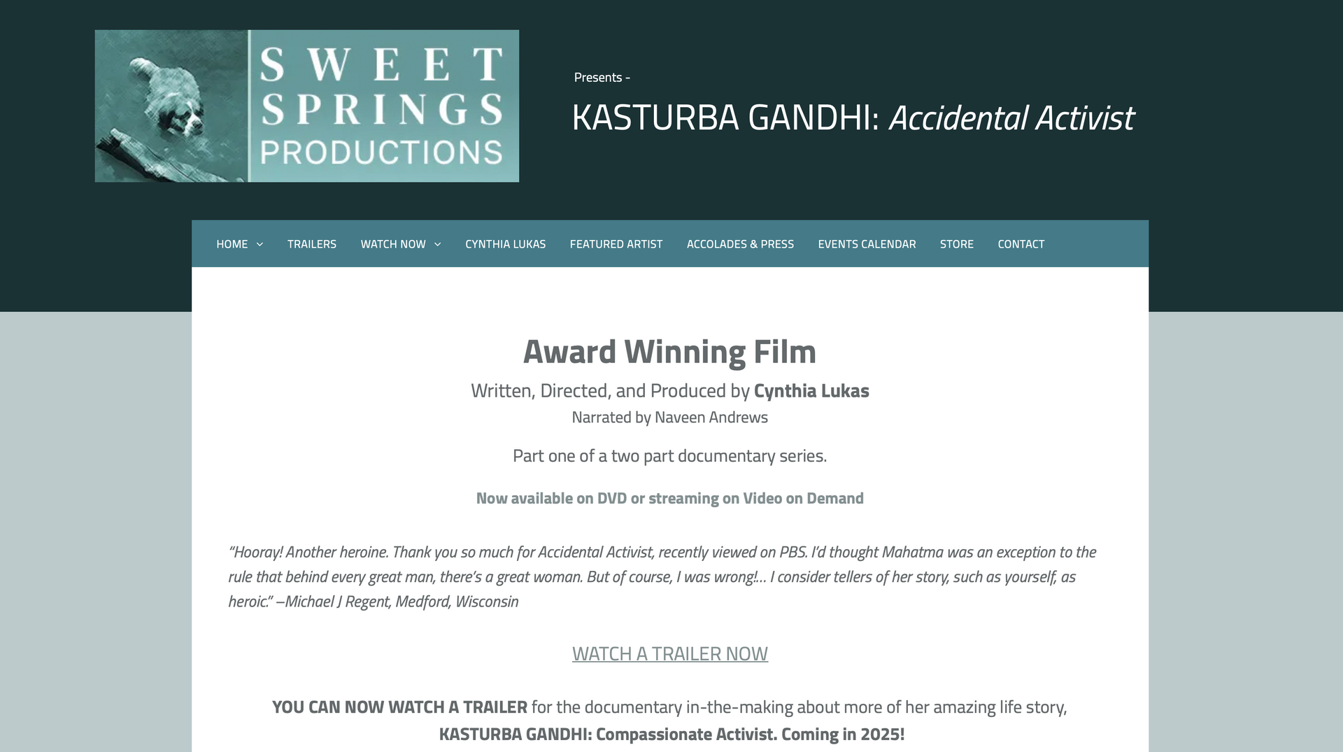 Kasturba Gandhi: Accidental Activist website screenshot.