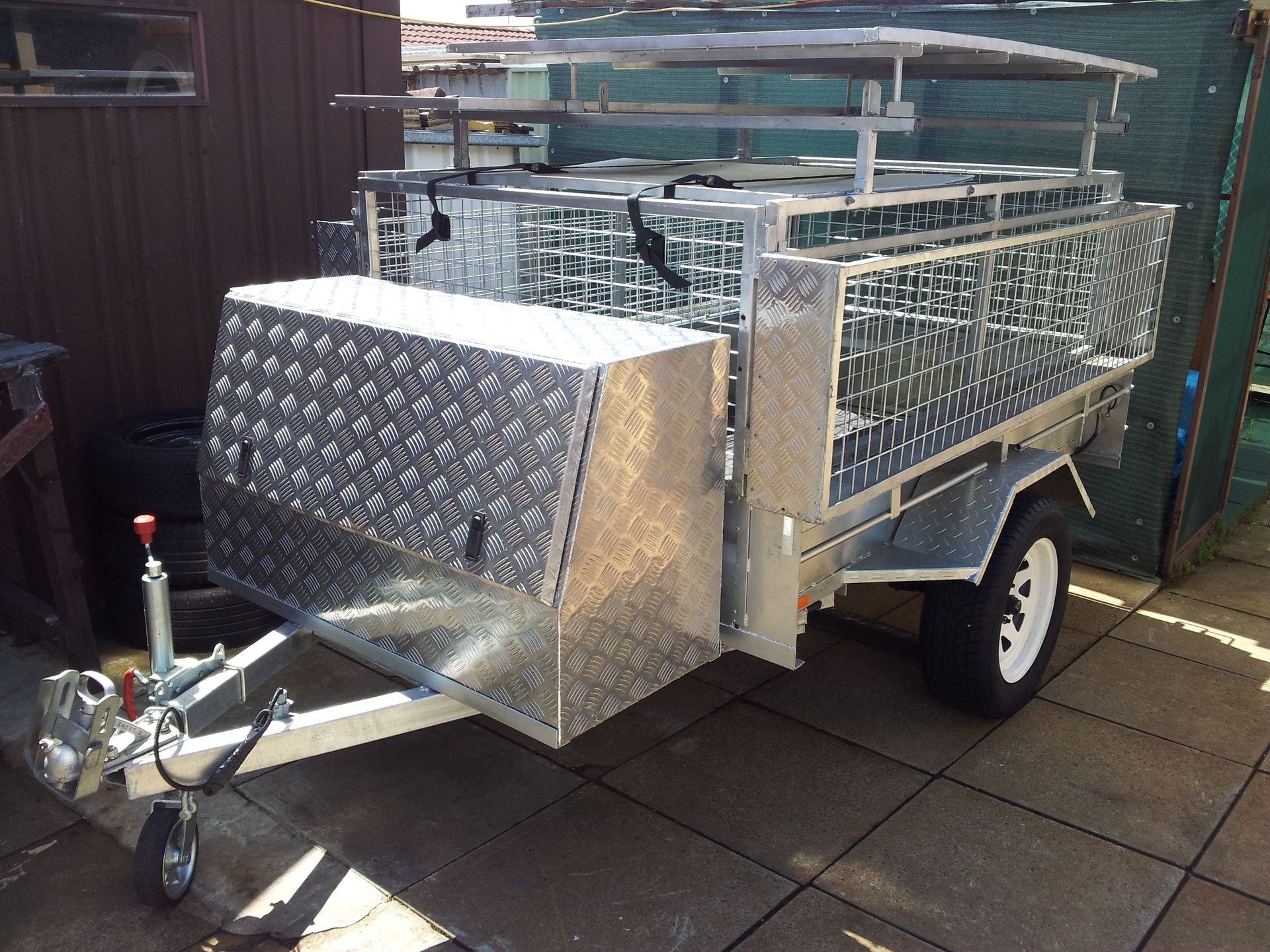 Silver Utility Trailer With Diamond-plate Front Box, Metal Mesh Sides — Towform Trailers in Brocklehurst, NSW