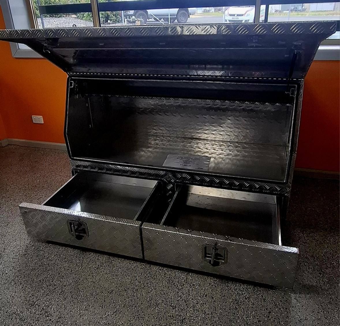 Silver Diamond-plated Tool Chest With Two Drawers Open — Towform Trailers in Brocklehurst, NSW