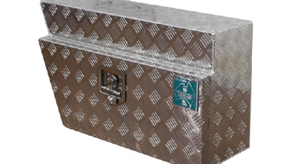Aluminum Diamond-plate Toolbox With a Latch and a Blue Label — Towform Trailers in Brocklehurst, NSW