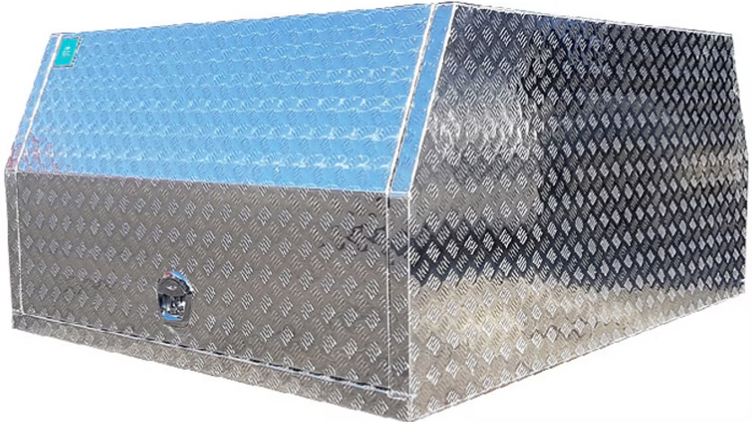 Silver Diamond-plated Truck Canopy With Angled Top, Latch, and a Teal Logo — Towform Trailers in Brocklehurst, NSW