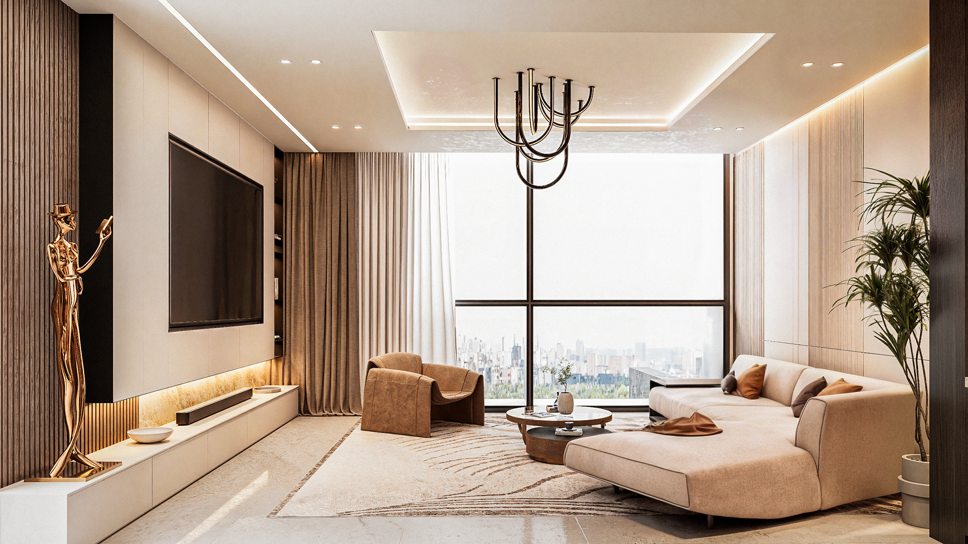 Sala con un ventanal de piso a techo que nos brinda mucha iluminación natural