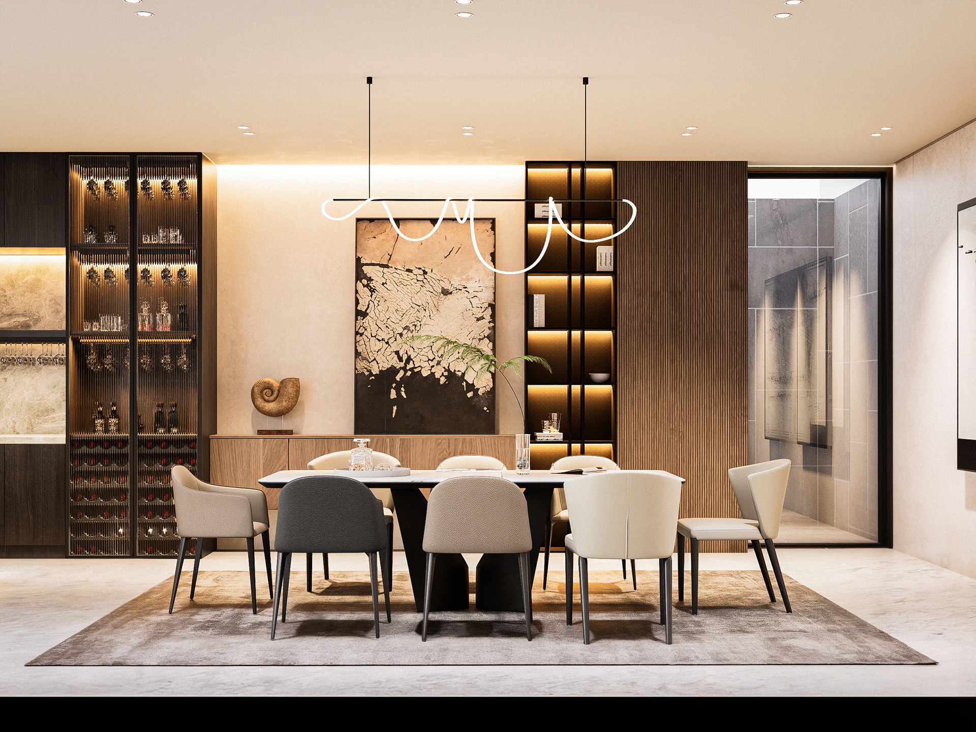 Comedor de 8 puestos con iluminación natural y artificial