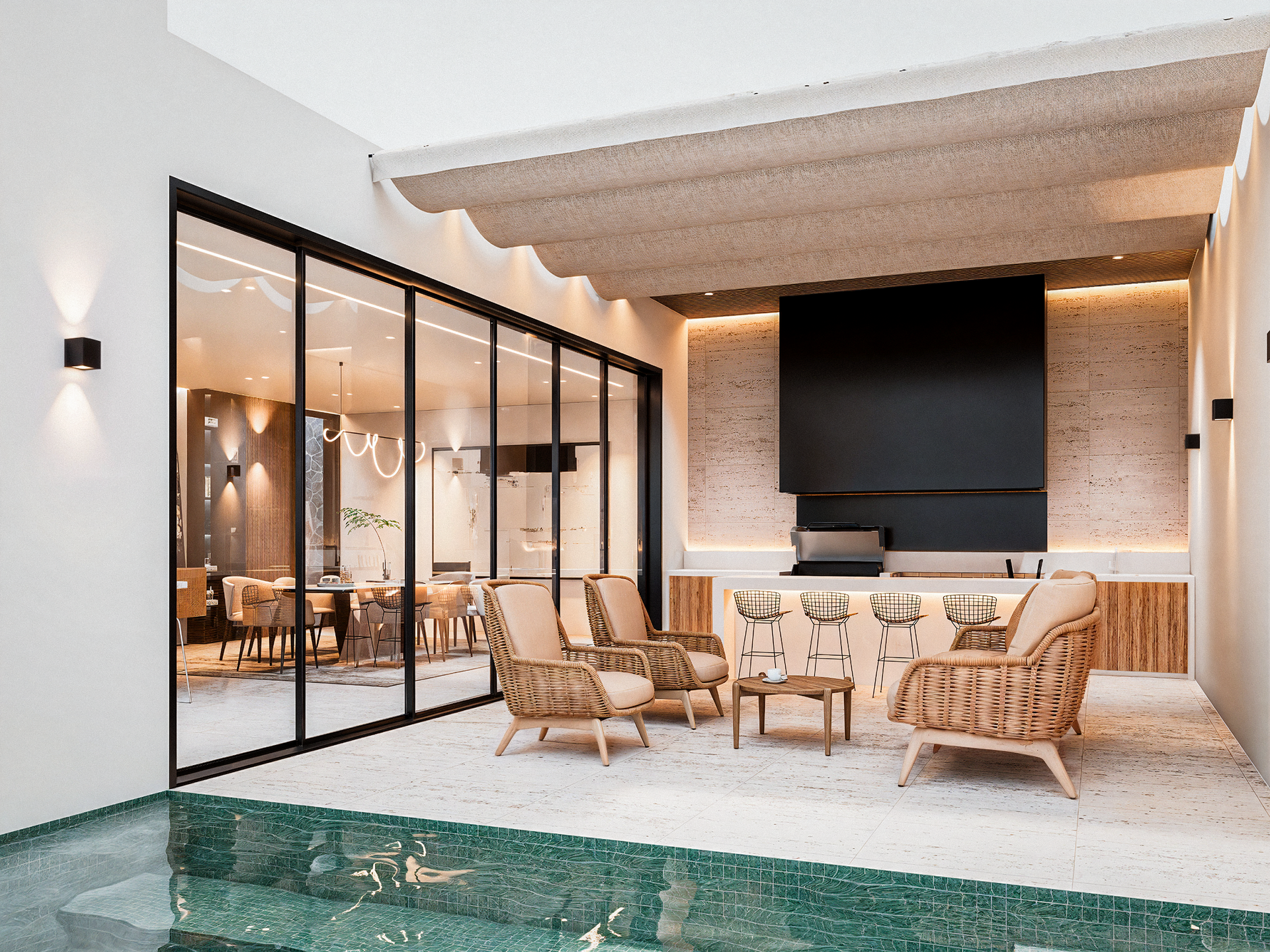 Área de asador exterior con alberca y medio techo